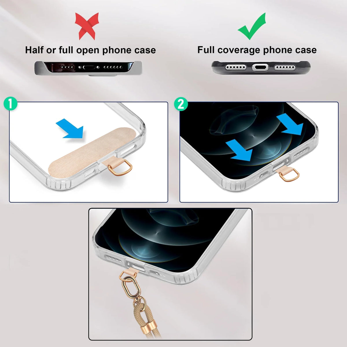 Comparison of half or full open phone case vs full coverage phone case with a gold charm.