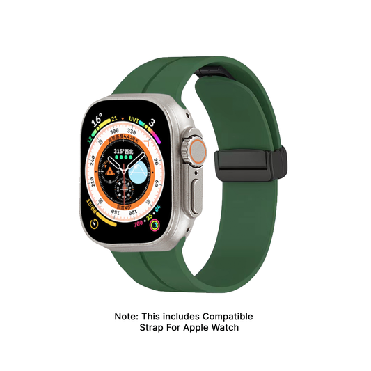 Woman wearing GRUNX Leaf green magnetic buckle Apple Watch strap 
lightweight comfortable daily wear Indian lifestyle casual