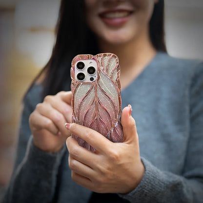 GRUNX Lucy pink glitter iPhone case held by Indian woman showcasing shimmer finish back view