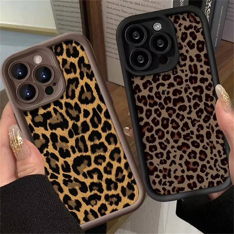 GRUNX Luna leopard iPhone case showing shockproof dual-layer structure and raised camera lip protection