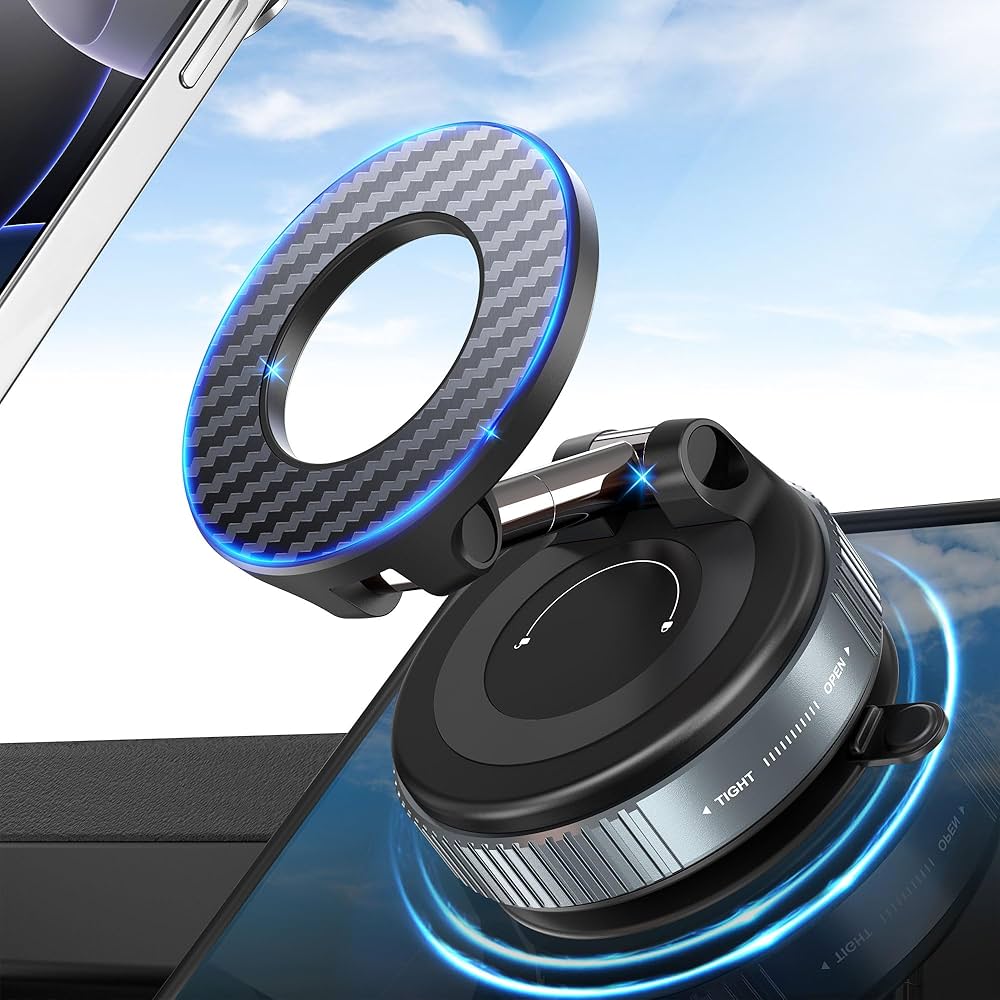 GrunX MagGrip magnetic phone mount with vacuum suction base for smooth surfaces like dashboards, windshields, glass, and metal; foldable and adjustable design