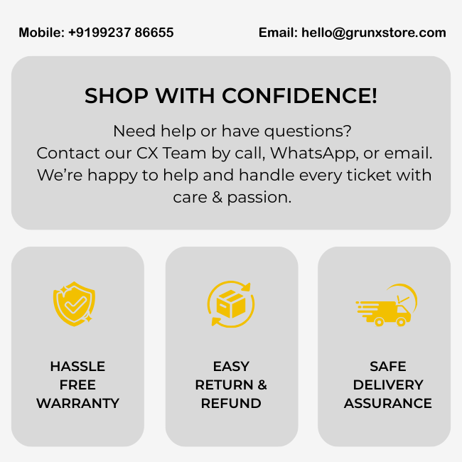 Promotional text and icons for customer support and product features on a gray background