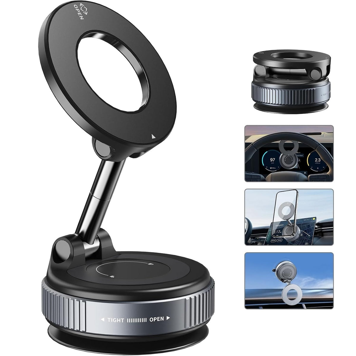 Black adjustable ring light with multiple uses on a white background