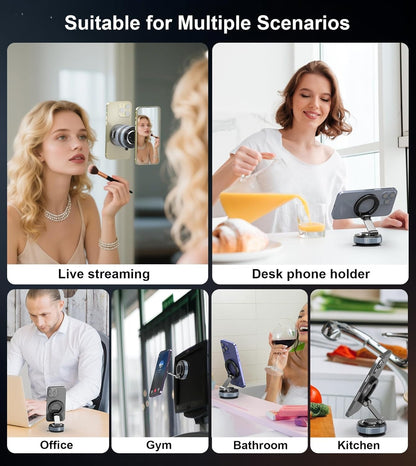 MagGrip Magnetic Phone Holder Used in Multiple Scenarios – Live Streaming Mirror, Desk Stand, Office, Gym Monitor, Bathroom, Kitchen