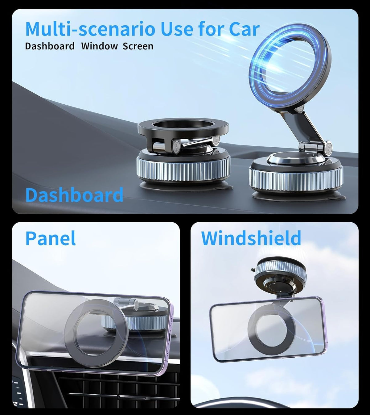 MagGrip Foldable Magnetic Phone Mount for Car Dashboard Panel and Windshield with Suction Cup Base for iPhone and Android