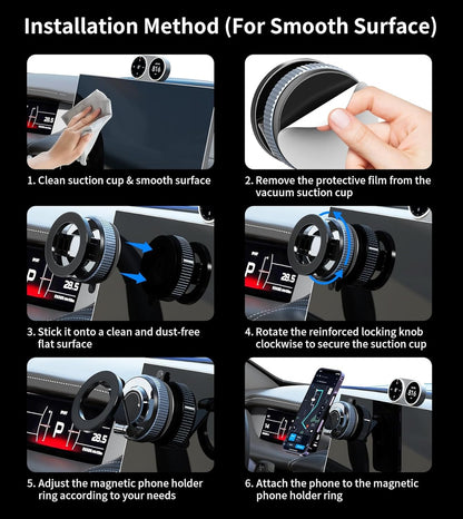 MagGrip Magnetic Phone Holder 6-Step Easy Installation on Smooth Car Dashboard Surface with Vacuum Suction Cup and Locking Knob