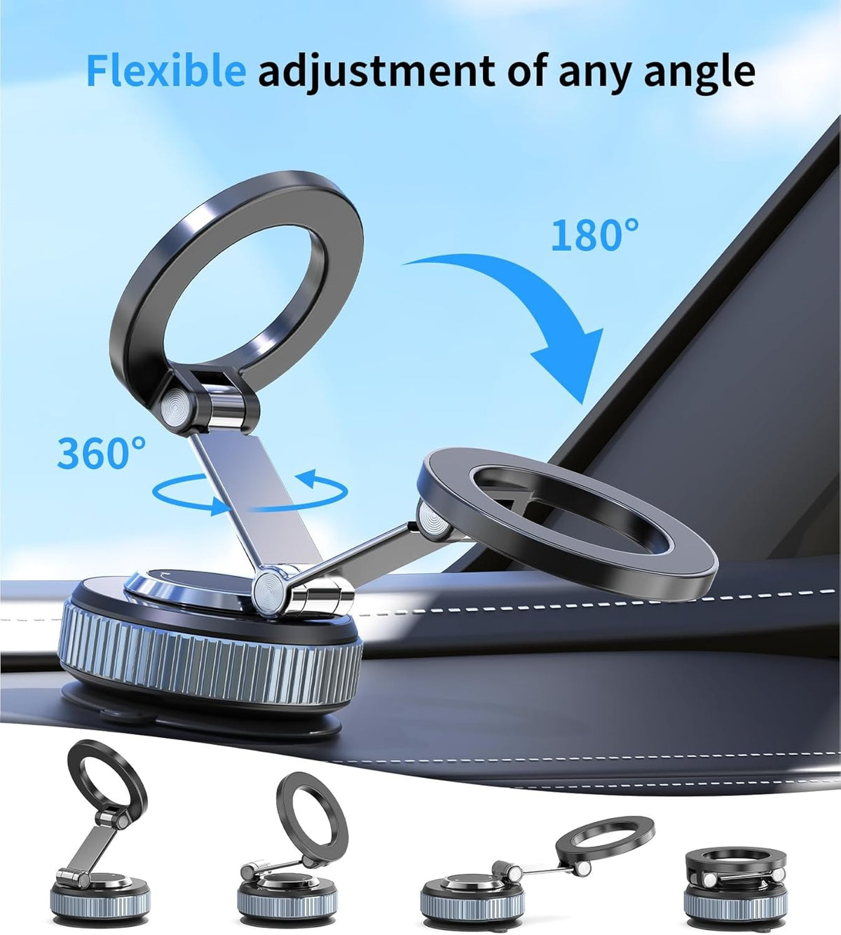 MagGrip Car Phone Holder with 360 Degree Rotation and 180 Degree Tilt Flexible Angle Adjustment Foldable Magnetic Dashboard Mount