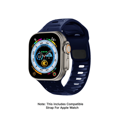 GRUNX Mars magnetic soft silicone Apple Watch strap dark blue on Apple Watch Ultra clean Indian desk setup