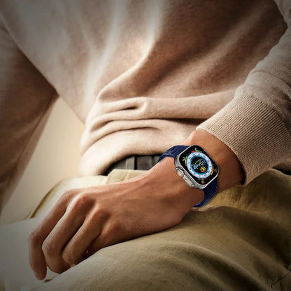 GRUNX Mars dark blue magnetic silicone Apple Watch strap on wrist showing secure magnetic closure Indian lifestyle