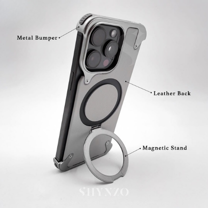 GRUNX Messi iPhone case in stand mode hands-free portrait angle MagSafe compatible Indian office desk