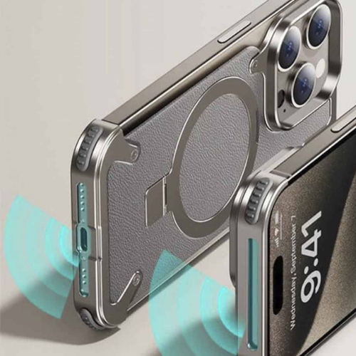 Close-up GRUNX Messi aluminium alloy leather iPhone case MagSafe magnet array precise button cutouts India