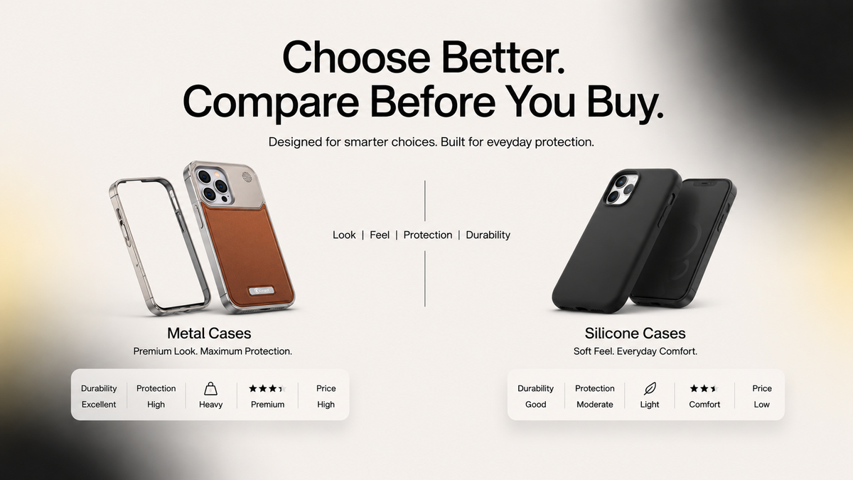 Metal case vs silicone case comparison chart showing durability, protection, weight, and price for iPhone