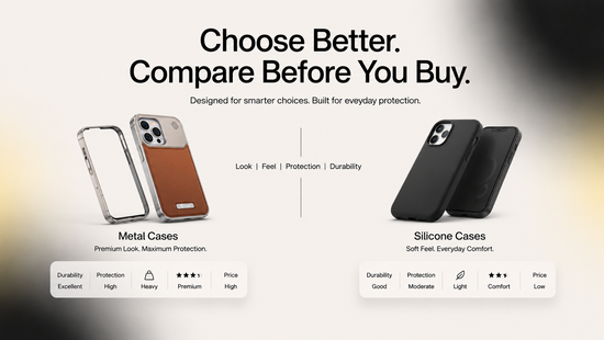 Metal case vs silicone case comparison chart showing durability, protection, weight, and price for iPhone
