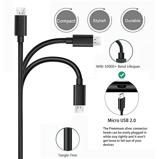 Black multi-device charging cable with features highlighted on a white background