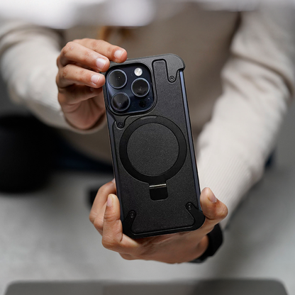 GRUNX Milan black leather iPhone 15 Pro case man showcasing bezel-less back view magnetic stand India