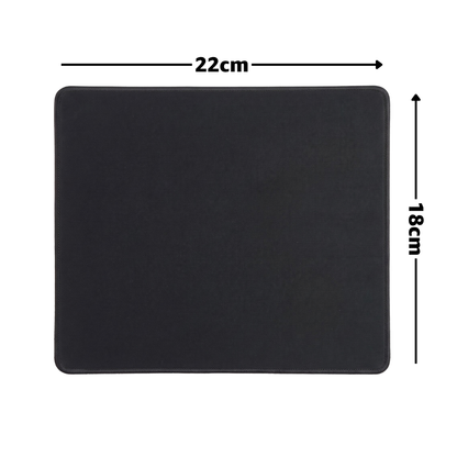 A black rectangular mouse pad or desk mat shown from above on a white background, with dimension arrows and labels indicating 22 cm by 18 cm.