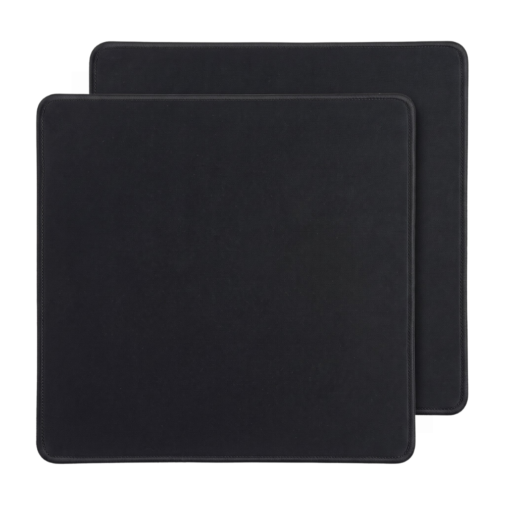 Two black rectangular mouse pads with rounded corners, stacked slightly offset against a plain white background.