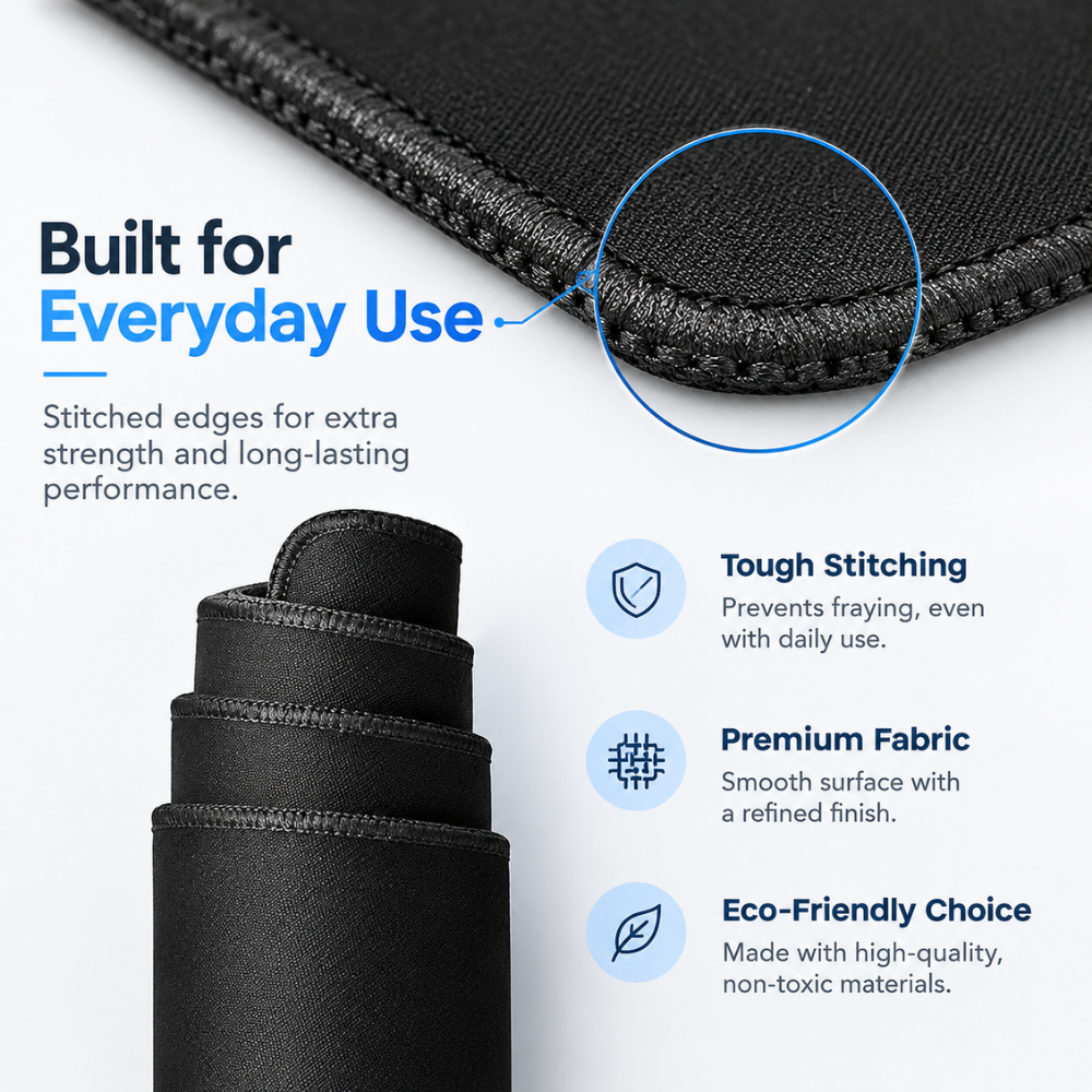 Black fabric sleeve or pouch shown close up with stitched reinforced edges and a rolled section below, on a white background with marketing text about everyday use, tough stitching, premium fabric, and eco-friendly choice.