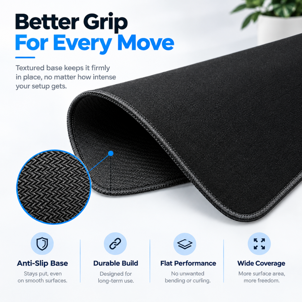 Black gaming mouse pad with a textured anti-slip base, shown rolled up on a white background with marketing text and feature icons.