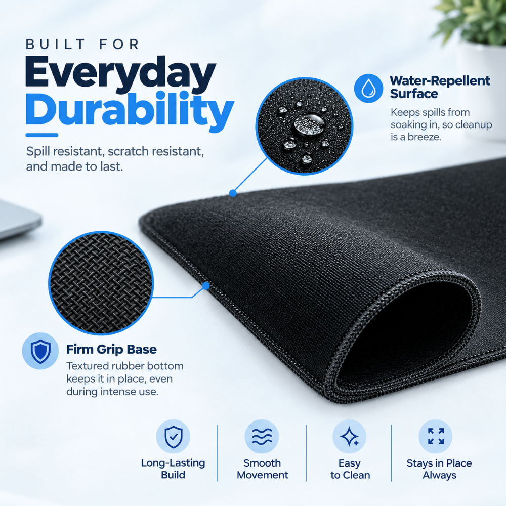 A black textured floor mat shown on a light gray surface with marketing callouts for durability, water repellency, grip, and ease of cleaning. The image includes feature icons and text such as 'Built for Everyday Durability' and 'Water-Repellent Surface.