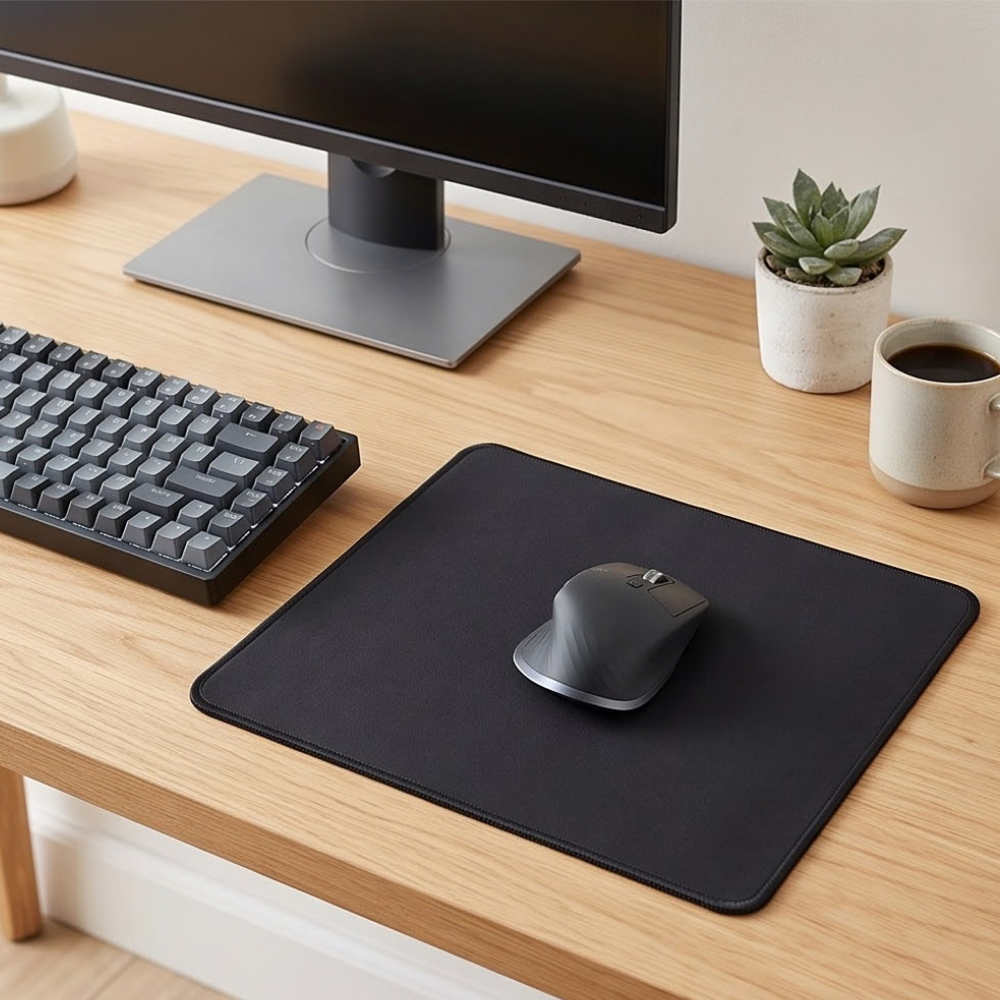 A black rectangular desk mat on a light wood desk, with a gray mouse resting on it. A keyboard, computer monitor, small potted succulent, and coffee mug are also visible in the workspace setting.