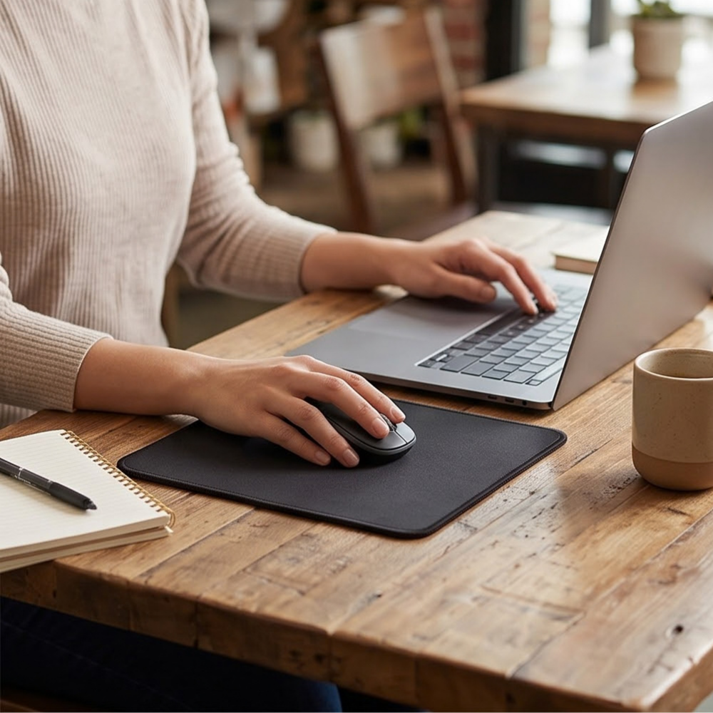 A person seated at a rustic wooden desk using a black mouse pad with a black wireless mouse, alongside an open laptop, notebook, and pen. The scene is softly lit with a blurred indoor background.
