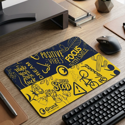 GrunX Swift Anti-Slip Rubber Mouse Pad on Office Desk Setup – Navy Blue Yellow Motivational Quote Design with Keyboard and Mouse, grunxstore.com