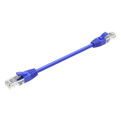 1 foot short Cat6 blue ethernet patch cable with RJ45 connectors and gold-plated contacts on white background