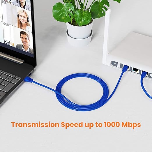 Cat6 blue ethernet cable with 1000Mbps gigabit transmission speed connecting laptop to WiFi router for video conferencing