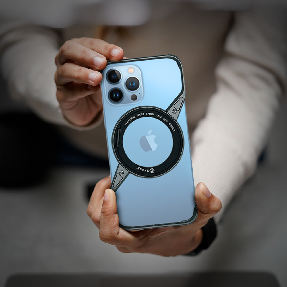 GRUNX Nexis grey aluminium iPhone case back view showing X-frame design and anodised scratch-resistant finish India