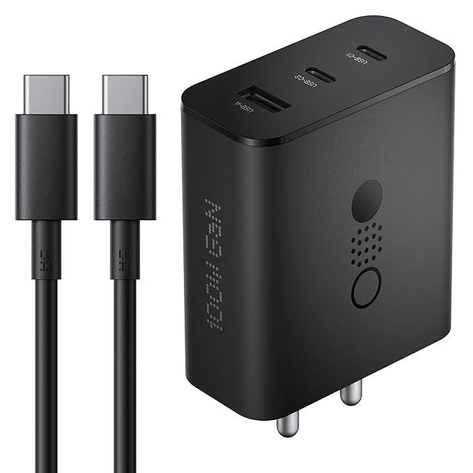 GRUNX Nothing 100W GaN fast charger adapter 3 ports with USB-C cable on clean Indian office desk setup