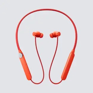 Orange wireless earbuds with neckband on a light gray background