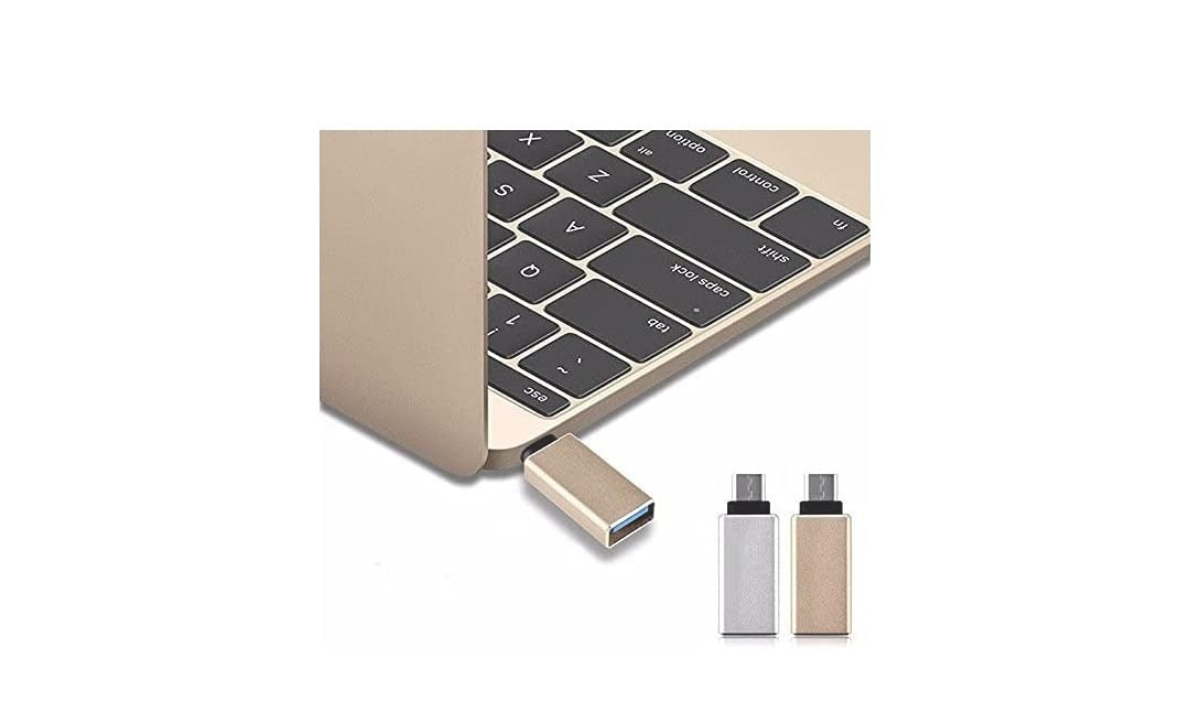 GRUNX OTGo Type-C to USB-A adapter plugged into MacBook connecting keyboard and mouse for productivity India office