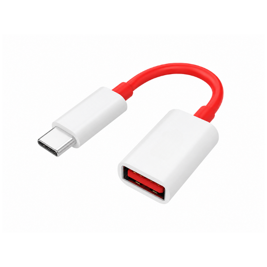 Short red and white USB-C to USB-A OTG adapter cable on white background | GrunX