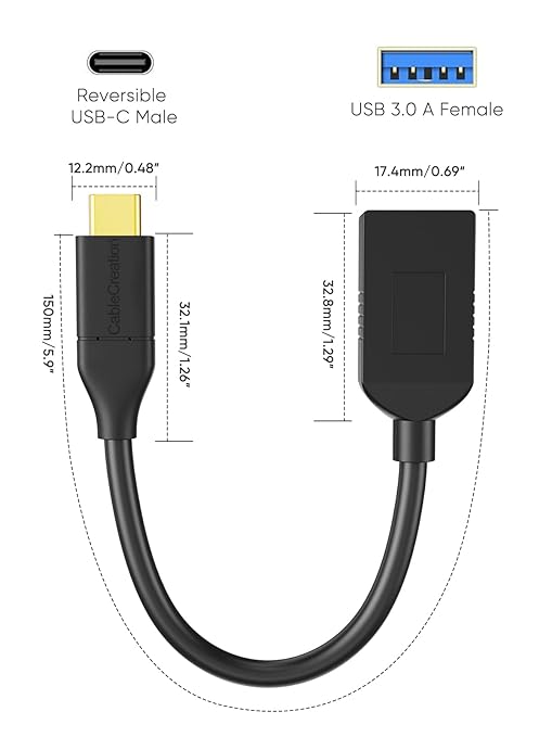 USB-C to USB 3.0 female OTG cable dimensions – 150mm length, 12.2mm USB-C male connector and 17.4mm x 32.8mm USB 3.0 A female port