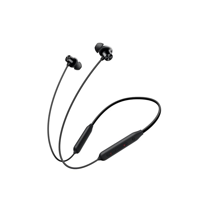 Black wireless earbuds with a charging cable on a white background
