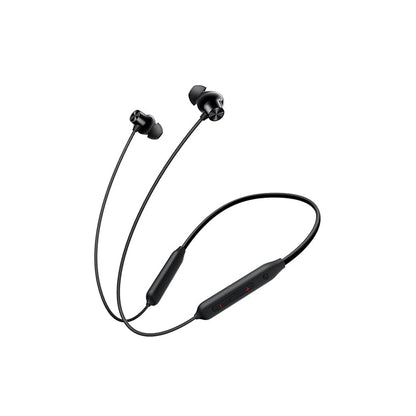 Black wireless earbuds with a charging cable on a white background