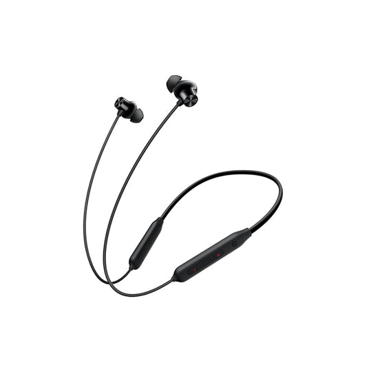 Black wireless earbuds with a charging cable on a white background