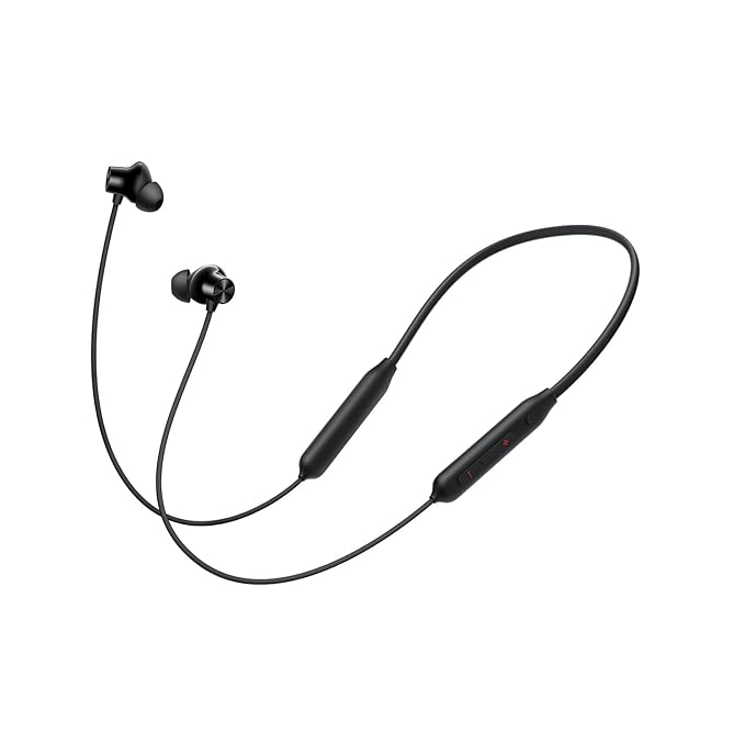 Black wireless earbuds with a charging cable on a white background