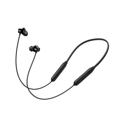Black wireless earbuds with a charging cable on a white background