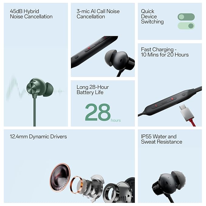 Product features of earbuds with text on a light blue background