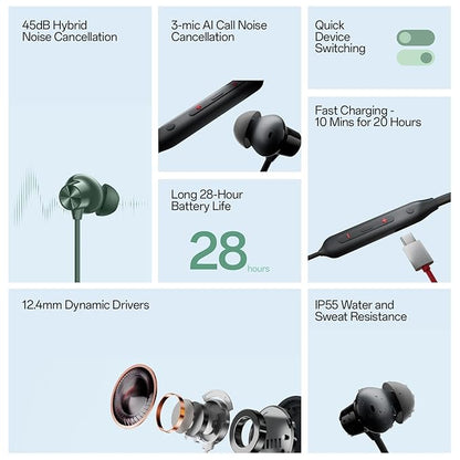 Product features of earbuds with text on a light blue background