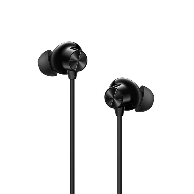Black in-ear headphones on a white background