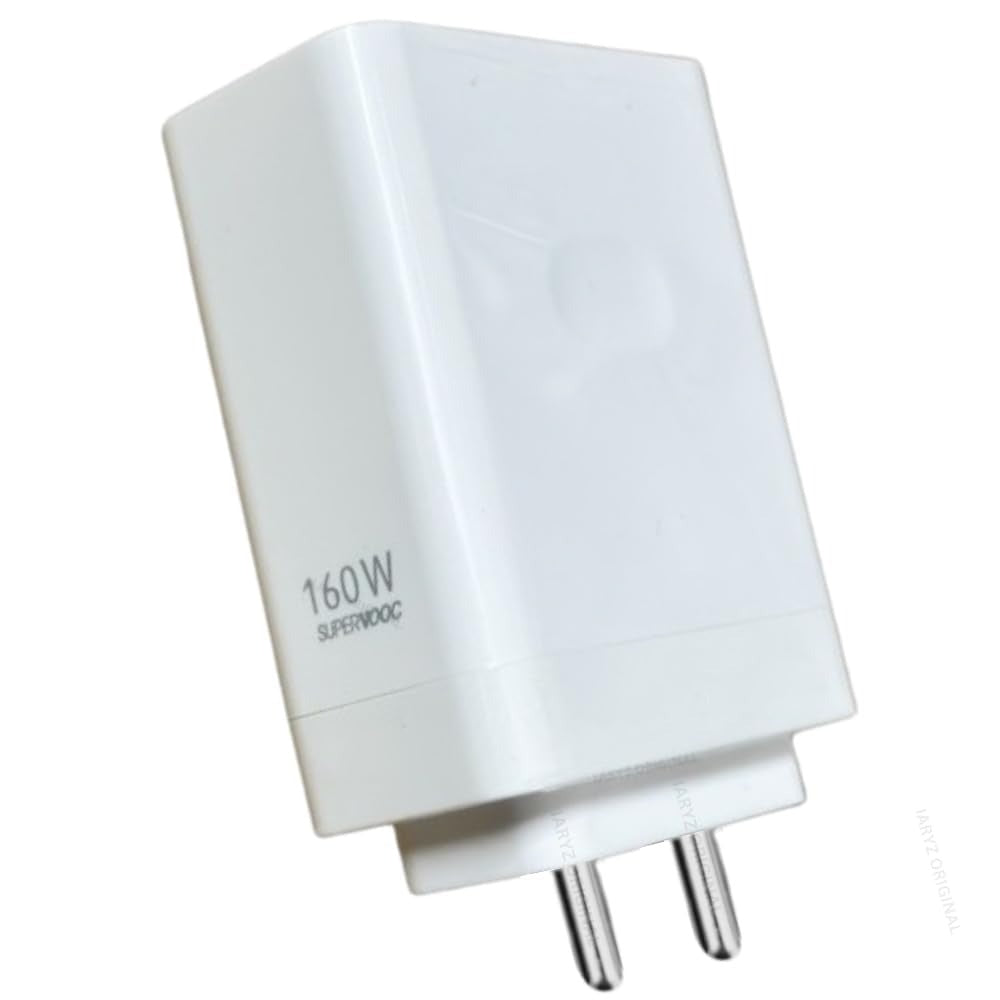 OnePlus SUPERVOOC 160W fast charger adapter with USB-C cable on clean Indian office desk setup GRUNX