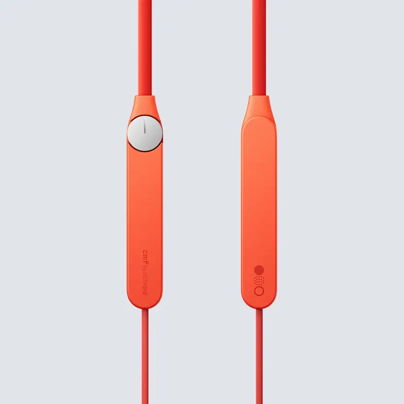Orange earphones with a gray background