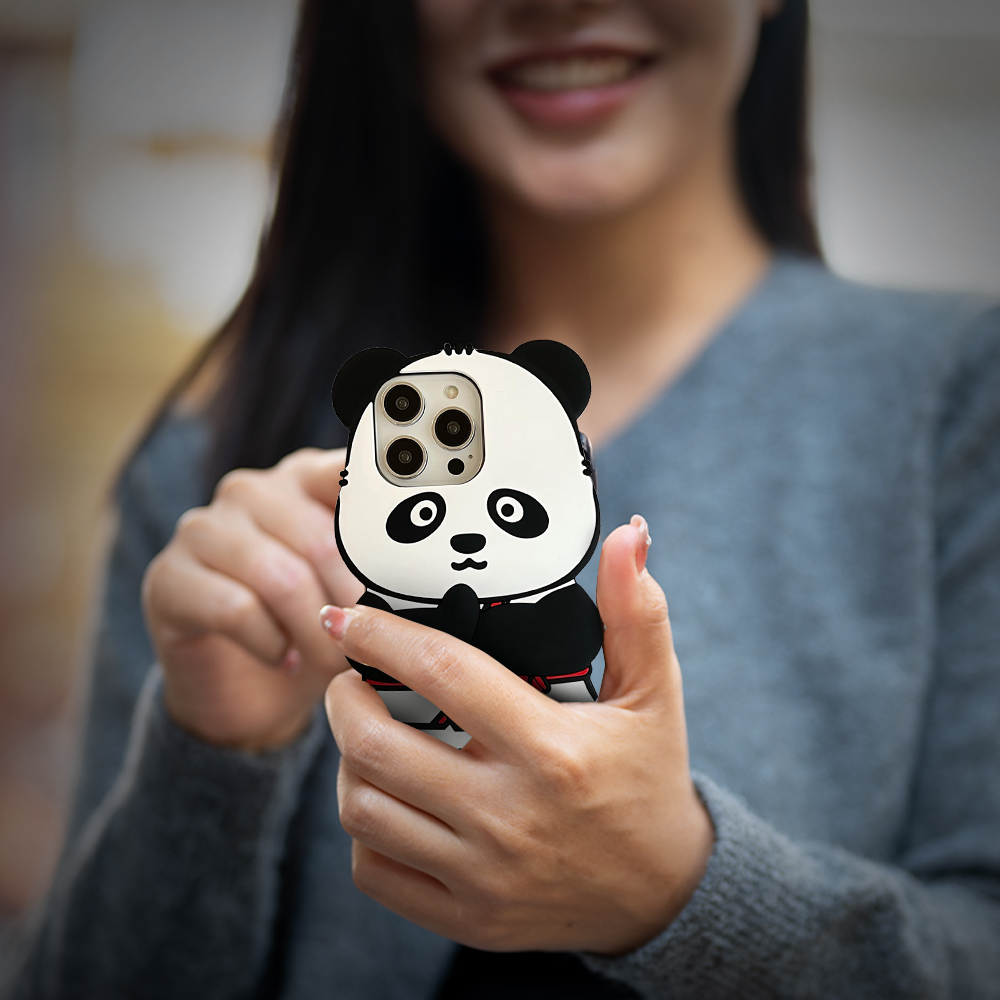 Close-up of GRUNX Panda 3D sculpted panda face and ears on soft silicone iPhone case back India