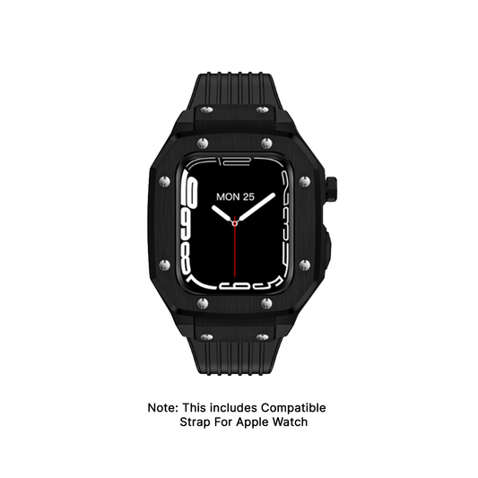 GRUNX Panther armor stainless steel Apple Watch case and black silicone strap 44 45mm Series 9 front view India