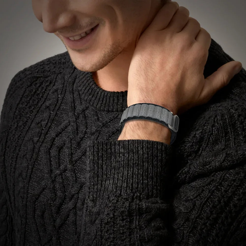 Man wearing GRUNX Paris gray nylon Apple Watch strap smartwatch casual everyday use India