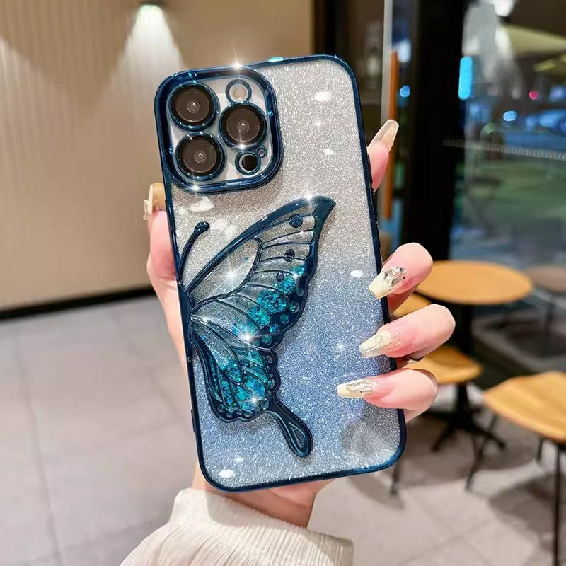 GRUNX Peacock glitter butterfly iPhone case close-up raised 3D butterfly detail blue plating finish catching light India