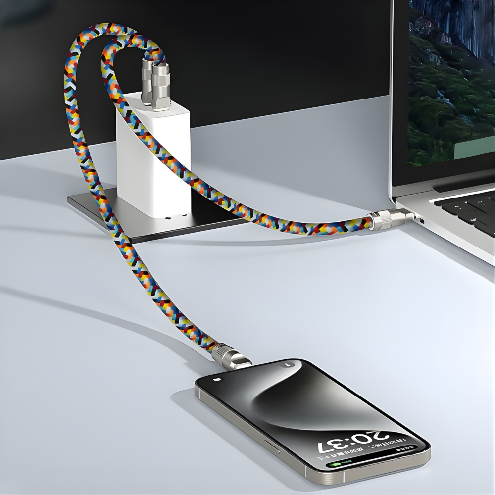 GRUNX Loop USB-C lanyard cable 60W powering iPhone 15 and OnePlus device simultaneously shown on study desk